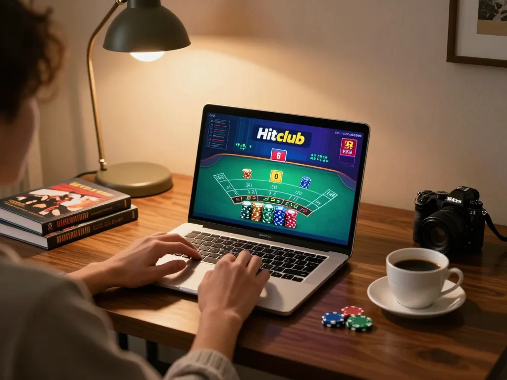 Engaging hand placing a bet on Hitclub during an online blackjack game, vibrant screen visible.