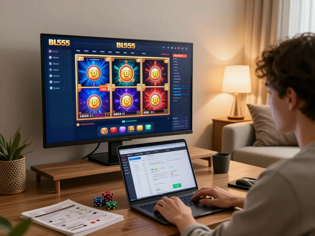 Engaging with bl555 online casino games at home, showing excited gameplay and strategy.