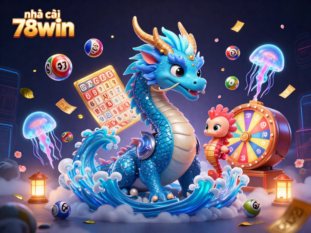 Engage with house events at nhà cái 78win, featuring dynamic lottery action in a vibrant 3D illustration.