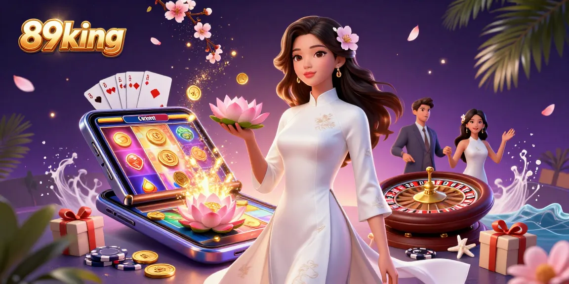 Experience the excitement at 89king with a vibrant 3D illustration of a graceful woman amidst casino elements.