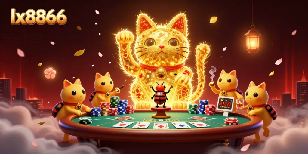 Engage in thrilling casino action at lx8866 with a captivating golden lucky cat illustration.
