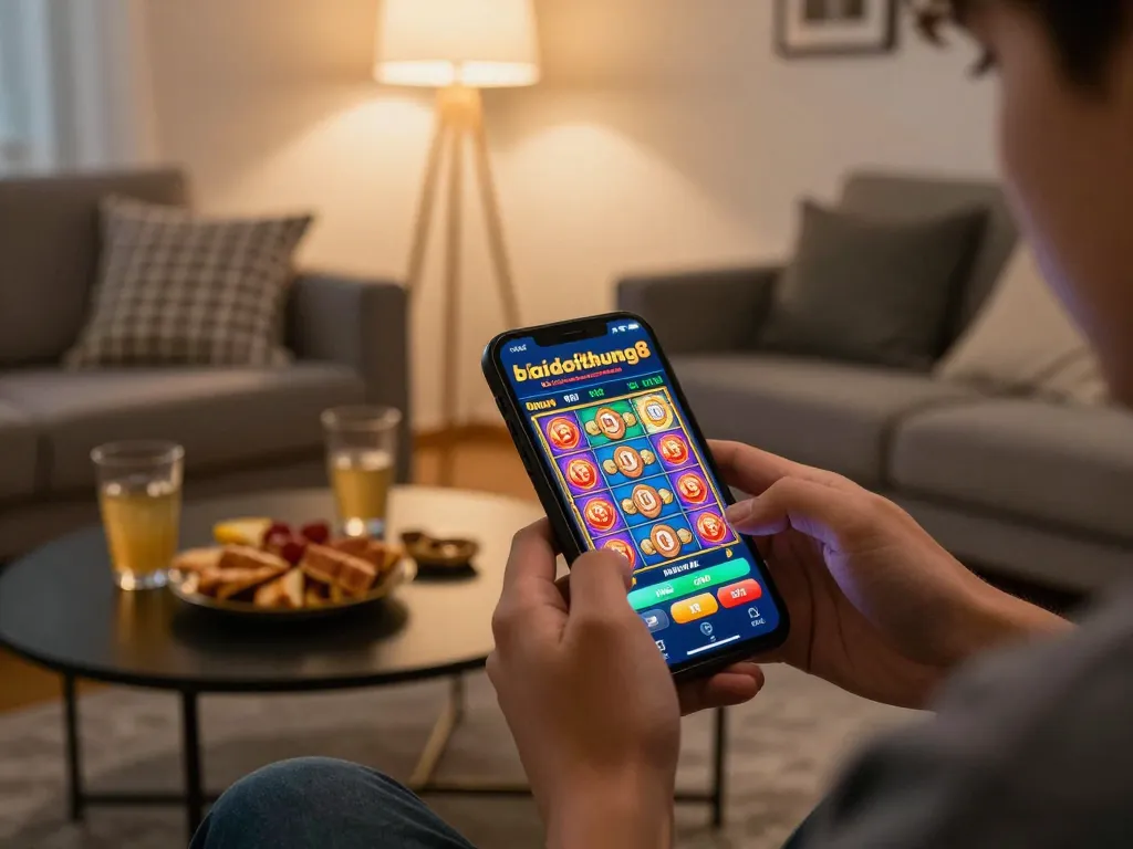 Engaging mobile gaming moment on gamebaidoithuong8 app in cozy home setting