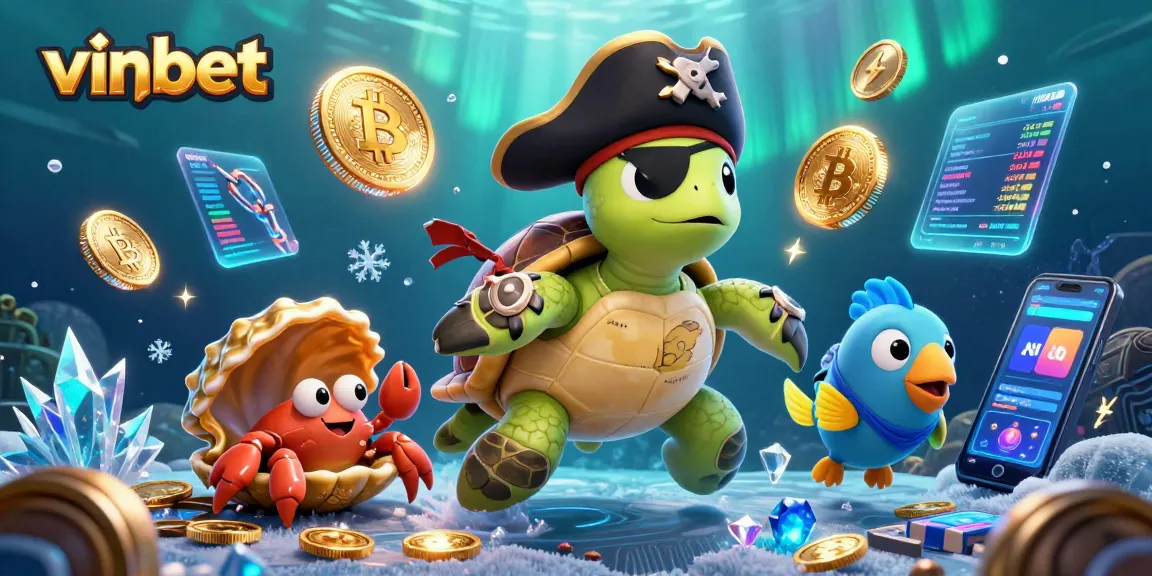 Join vinbet's thrilling casino games with vibrant characters and crypto elements in a dynamic underwater scene.