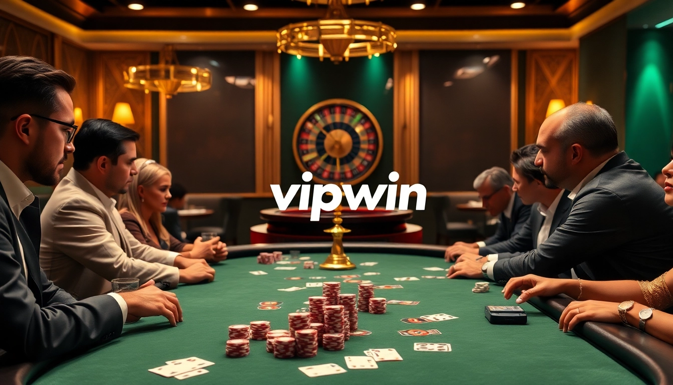 Experience an exciting poker game at a luxury casino with vipwin branding, showcasing chips and cards.