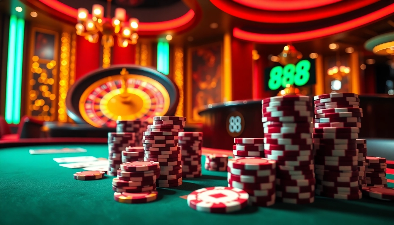 Experience high-stakes gambling at the luxurious casino table featuring go 88-inspired poker games and vibrant roulette.