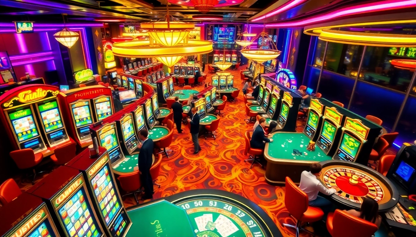Exciting gaming scene featuring nổ hũ slot machines and engaged players in a luxury casino.