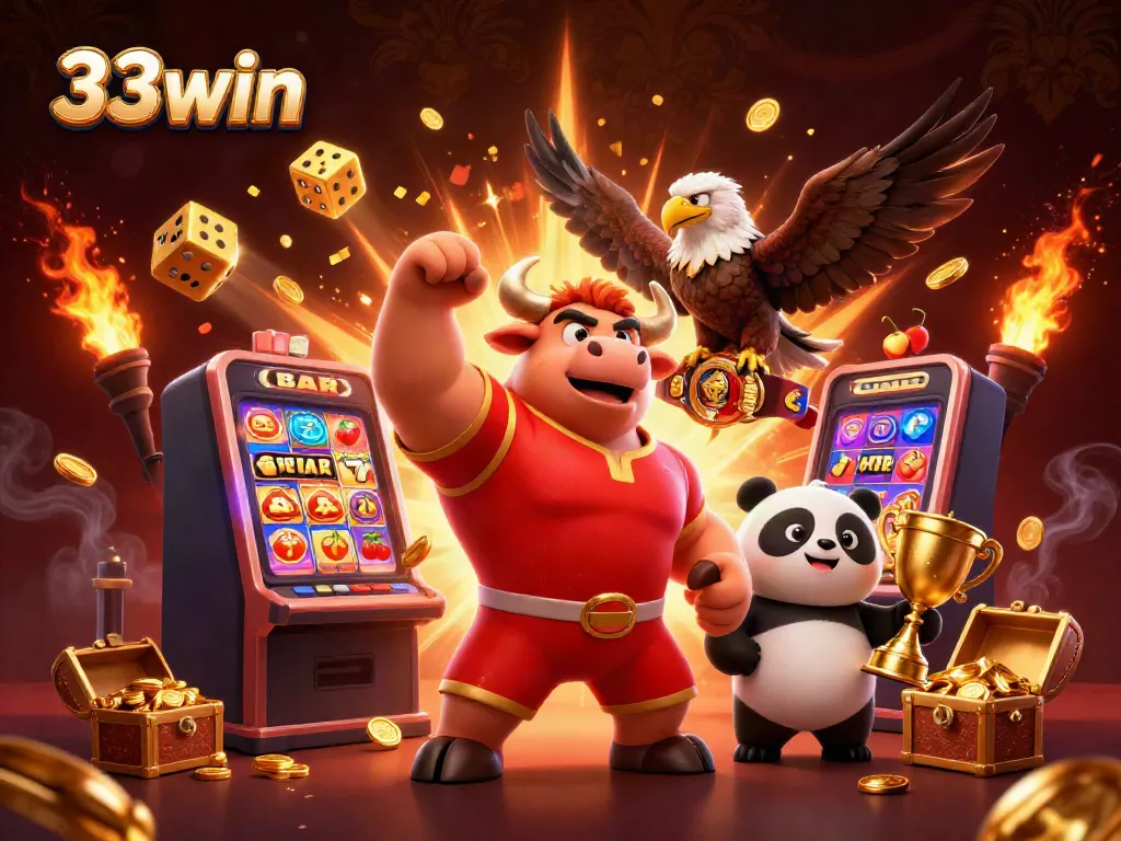 Celebrate your wins with 33win's vibrant casino scene featuring a victorious bull mascot.