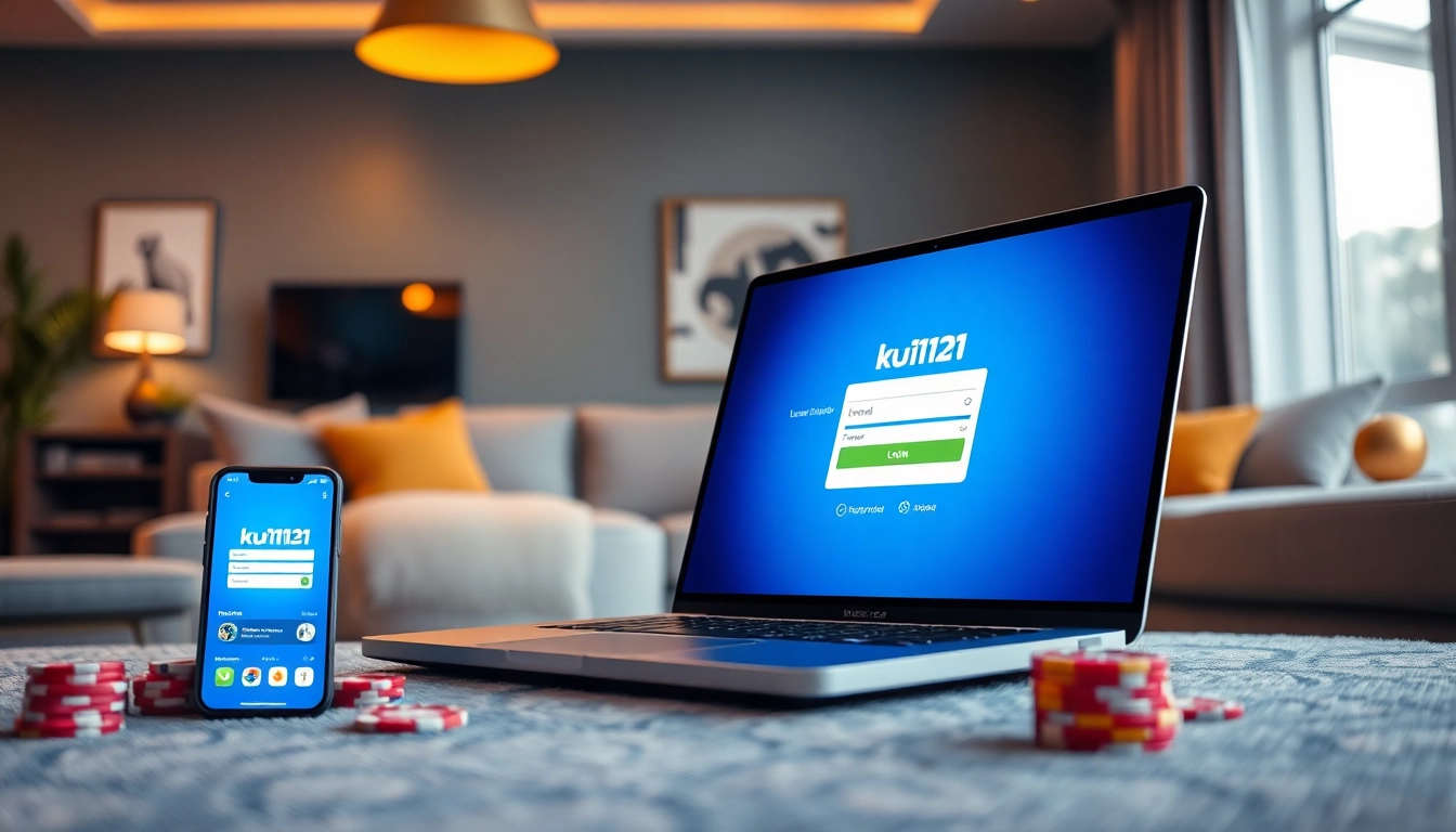 ku1111 đăng nhập interface on a modern laptop in a stylish living space, highlighting online gambling excitement.