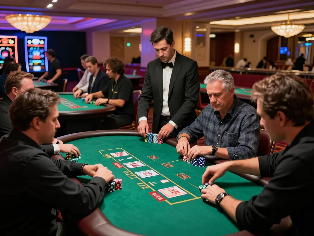 Players strategizing at twin68 blackjack tables amidst vibrant casino ambiance, highlighting action.