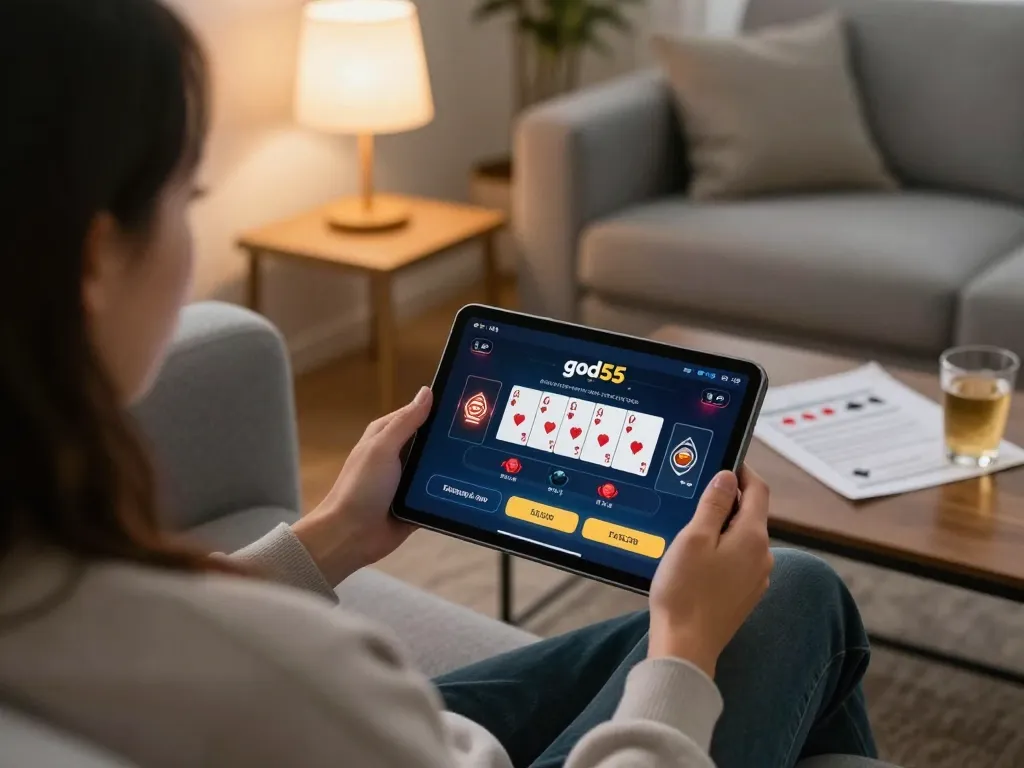 Engaged user playing god55 casino app on a tablet in a cozy home setting, highlighting online gaming experience