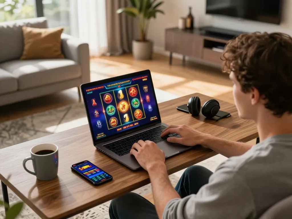 BL555 online gaming scene showing strategic gameplay with a user on a laptop in a cozy setting