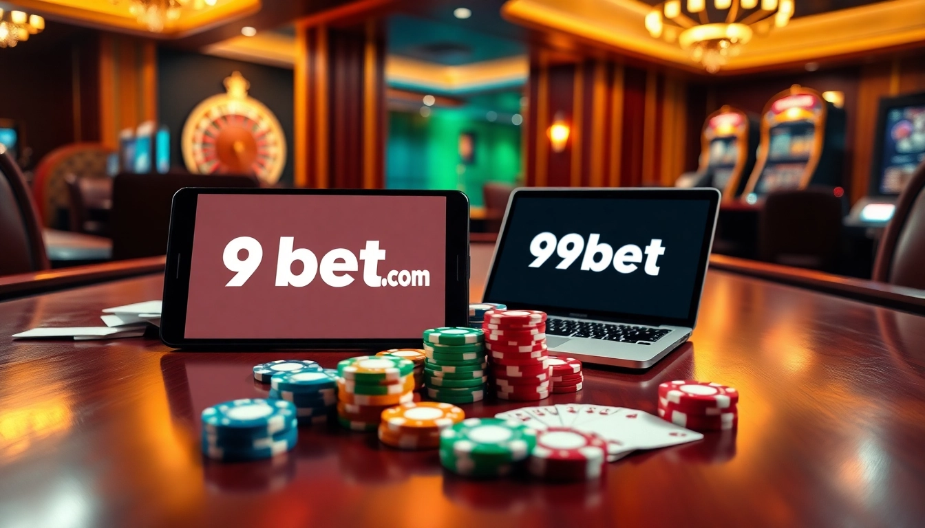 An exciting online betting scene at 9bet.com featuring a casino table, colorful chips, and mobile interfaces.