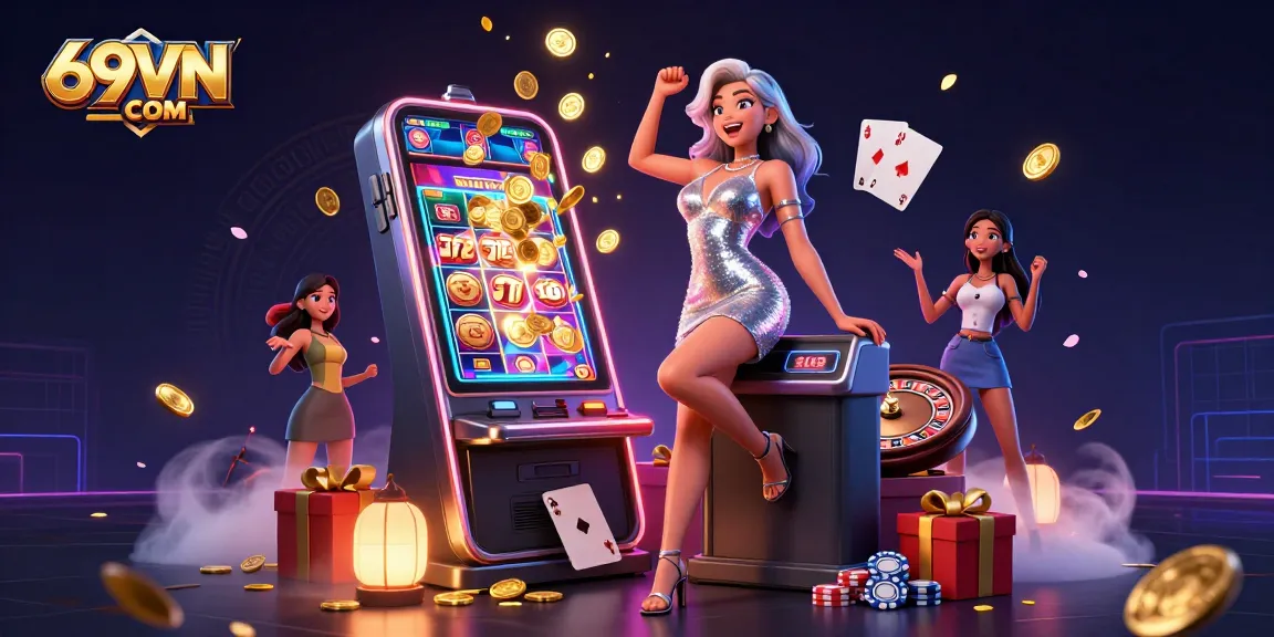 Win big at 69VN COM with a vibrant slot machine and excited players celebrating their jackpot!