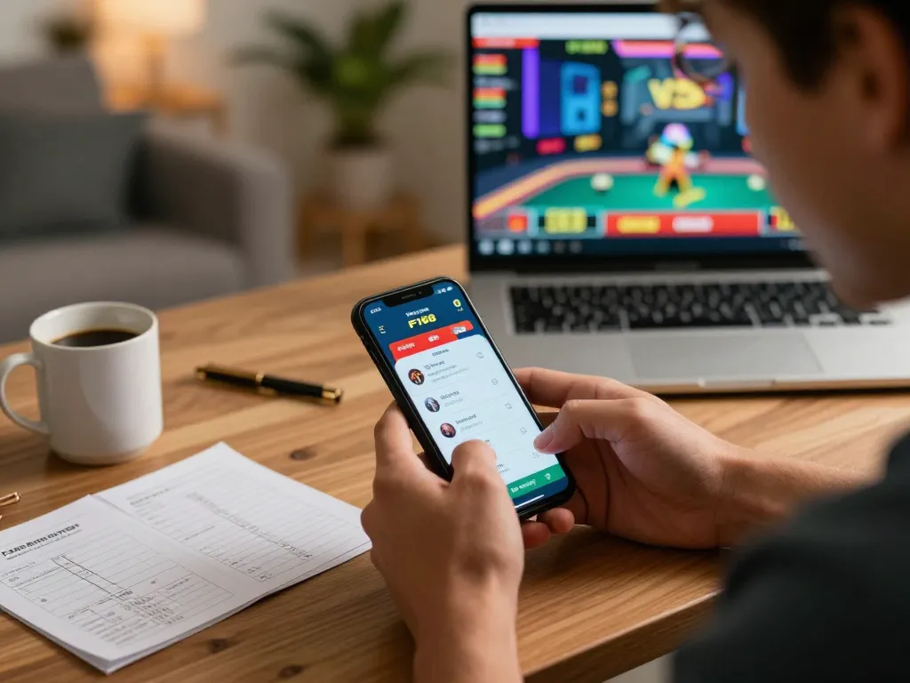 Engage with F168's mobile app as users strategize and place bets in a cozy gaming setup.