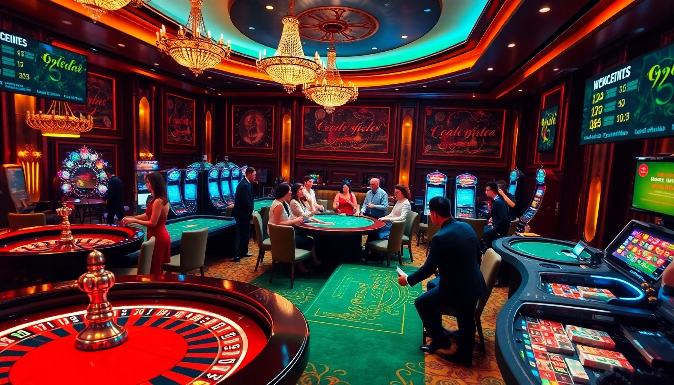 Engaging casino moment at https://g28e.com/ with players at a roulette table and vibrant slot machines.