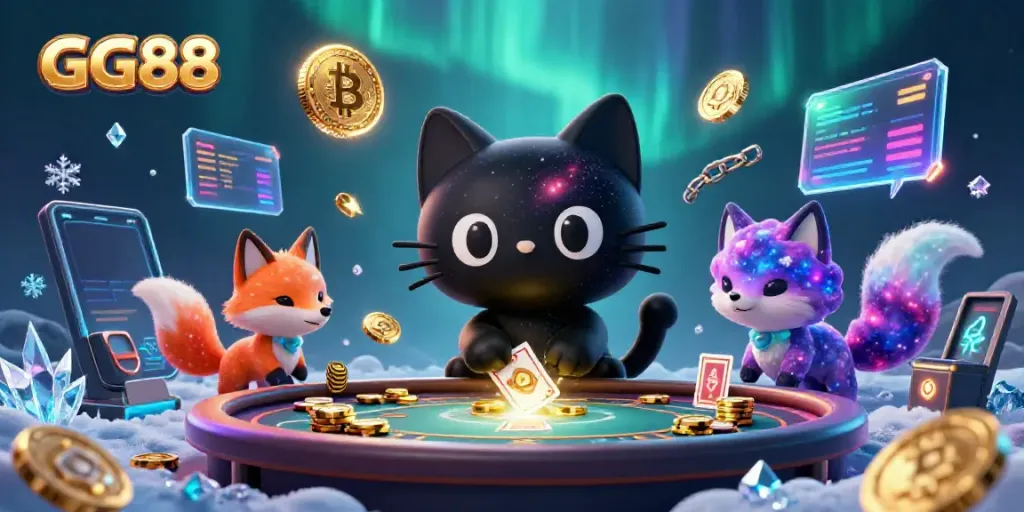 Engage in epic gambling action with GG88 at a cosmic casino featuring vibrant characters and cryptocurrency!