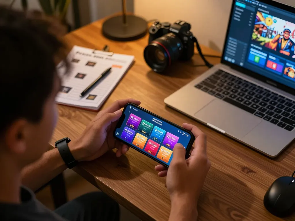 Engaging gtatoto online gaming experience on smartphone in a stylish, cozy workspace