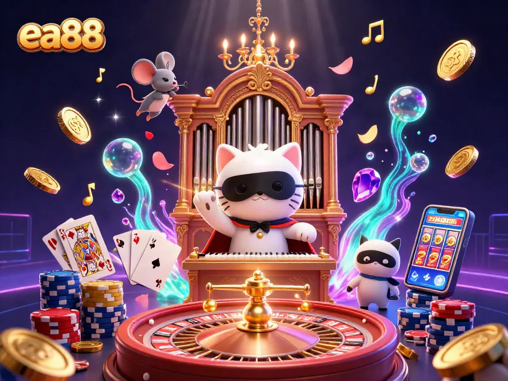 Win big at ea88 with a vibrant casino scene featuring a masked cat, acrobatic mouse, and sparkling game elements.