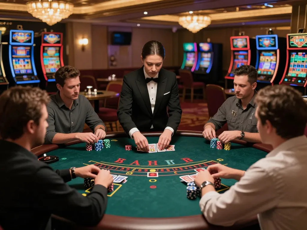 Players strategizing at blackjack table in 88คลับ casino, vibrant gaming atmosphere.