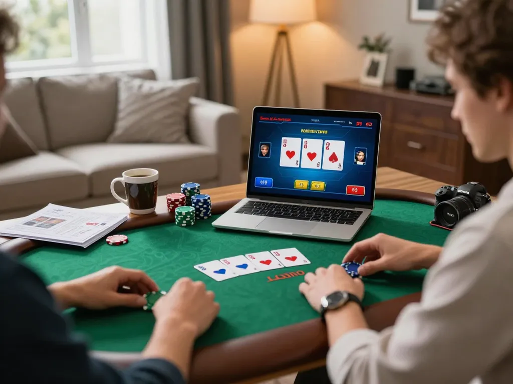 8day player enjoying an online poker game in a cozy setting, highlighting strategic wagering.