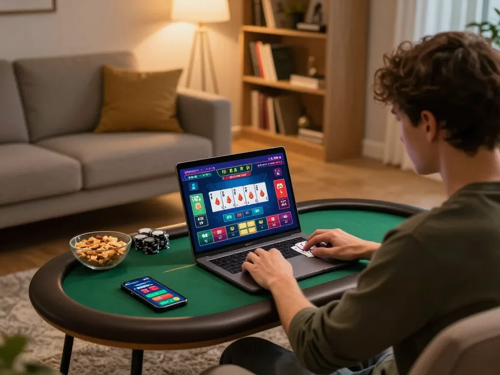Person playing poker on laptop at home, showcasing https://qtr88.com/ for online gambling strategies.