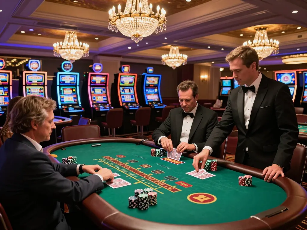 Players strategizing in a glamorous casino at 99ok while engaging in blackjack.