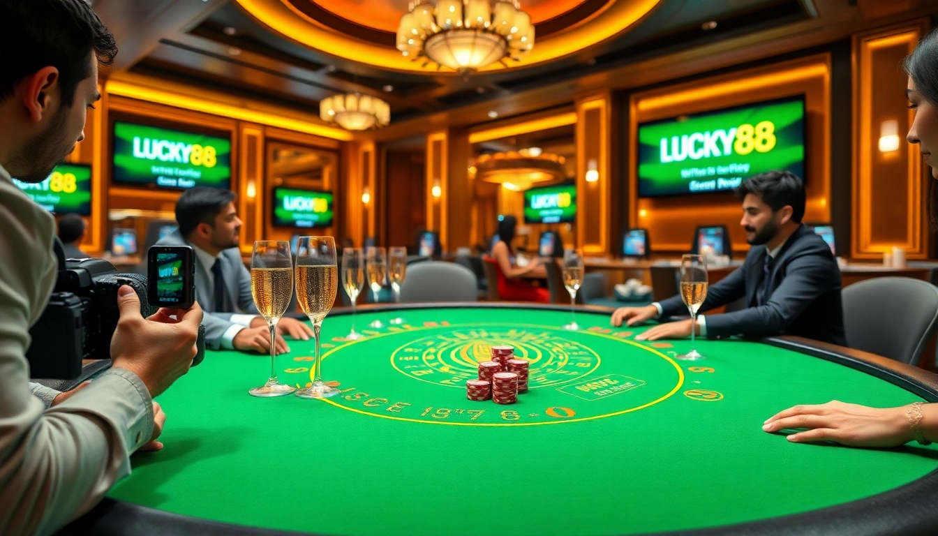 Exciting casino gaming scene highlighting LUCKY88's thrilling blackjack table and luxurious atmosphere.