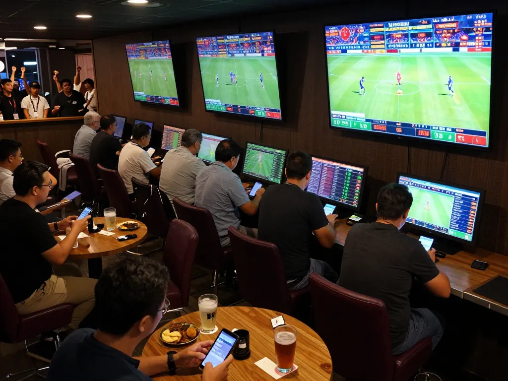 Excited bettors analyzing kèo nhà cái in a lively sports betting venue with multiple screens