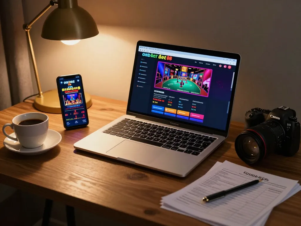 Engaged user playing onbet 88 casino online, with strategy notes and a laptop setup in a cozy atmosphere.