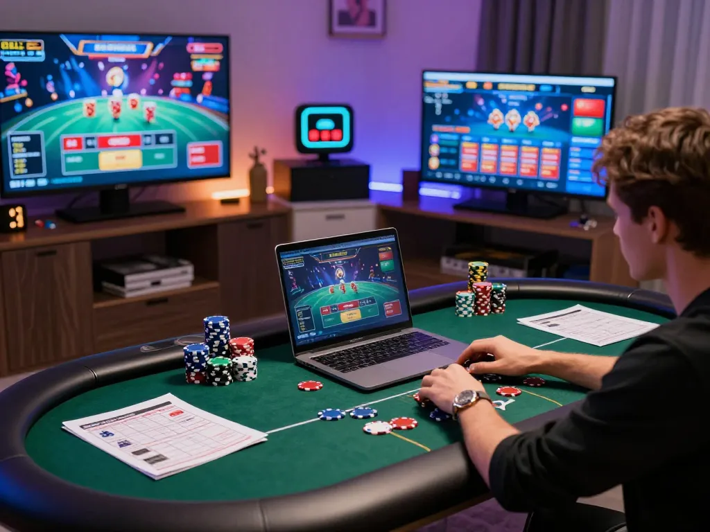 Experience F168's online poker action with vibrant gaming setup, chips, and strategy notes