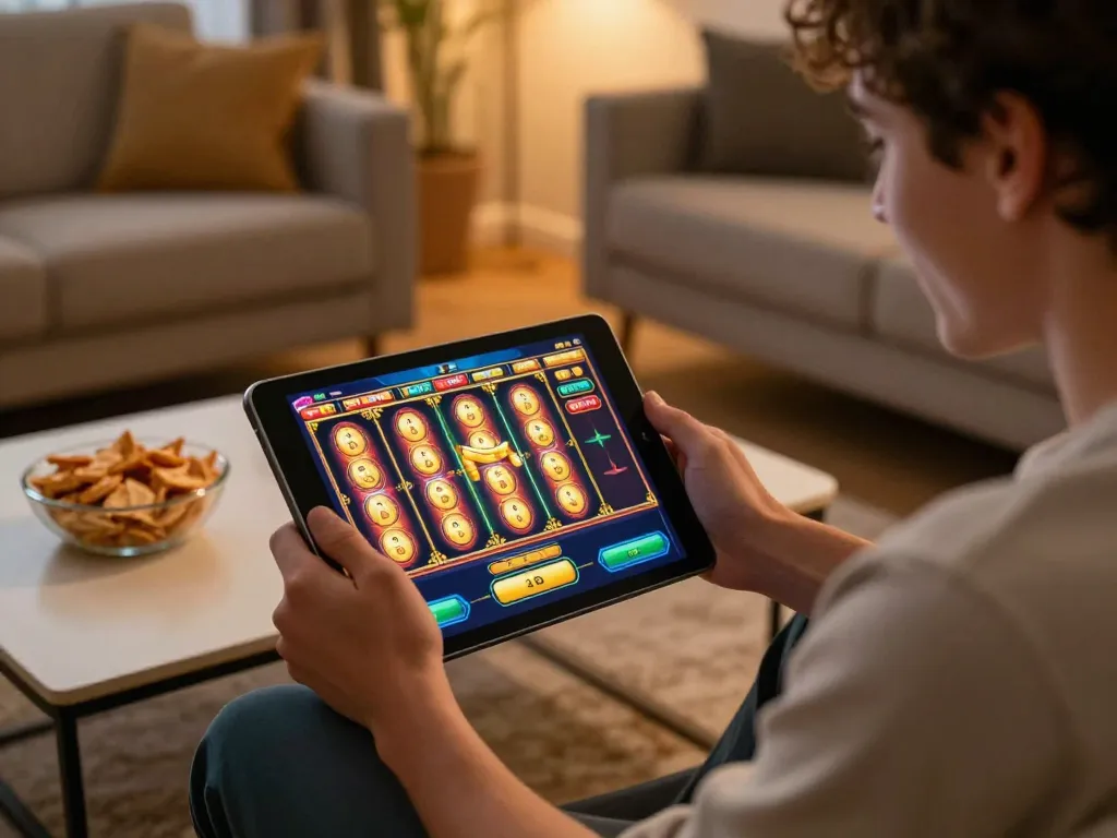 Player enjoying a thrilling online slot game experience with 92SLOT in a cozy home environment.