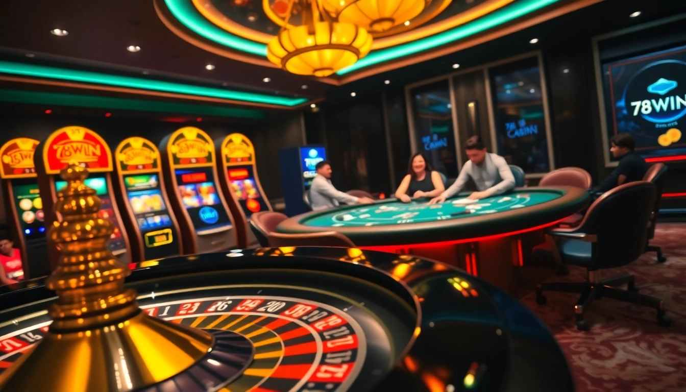 Experience the excitement of 78WIN at a luxurious casino scene with roulette and poker action.