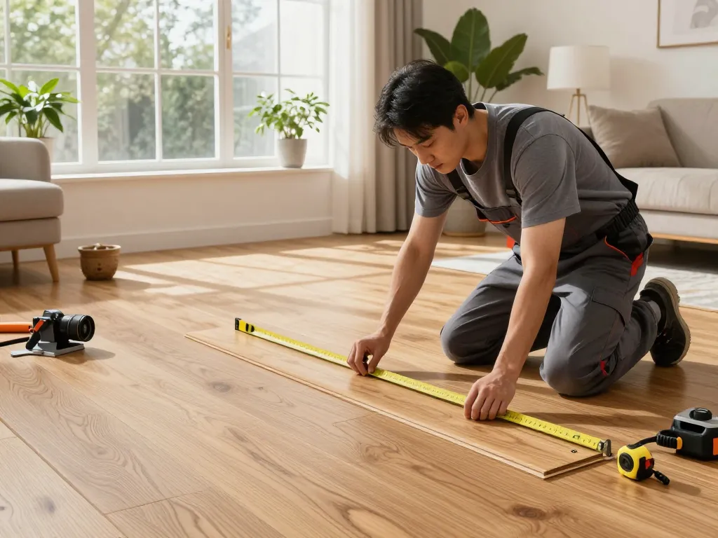 Flooring specialists near me installing hardwood flooring in a bright living room.