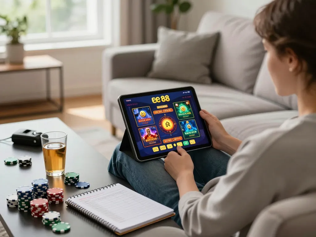 Player engaging with the ee88 casino app, showcasing a cozy home gaming environment using tablet, notes, and poker chips.