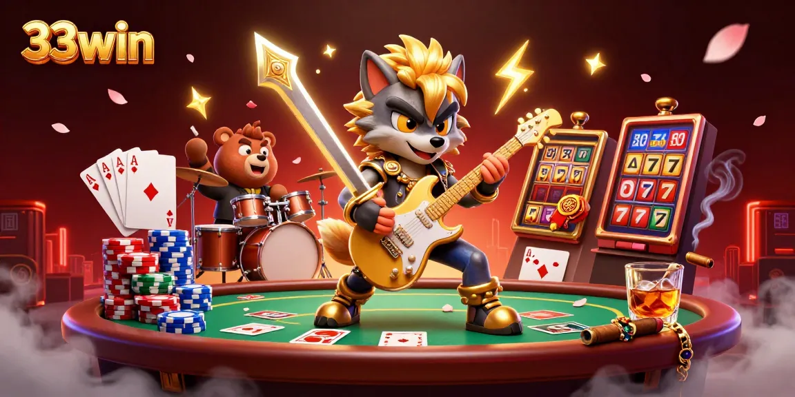33win casino illustration with a rock star wolf, poker elements, and vibrant gaming atmosphere.
