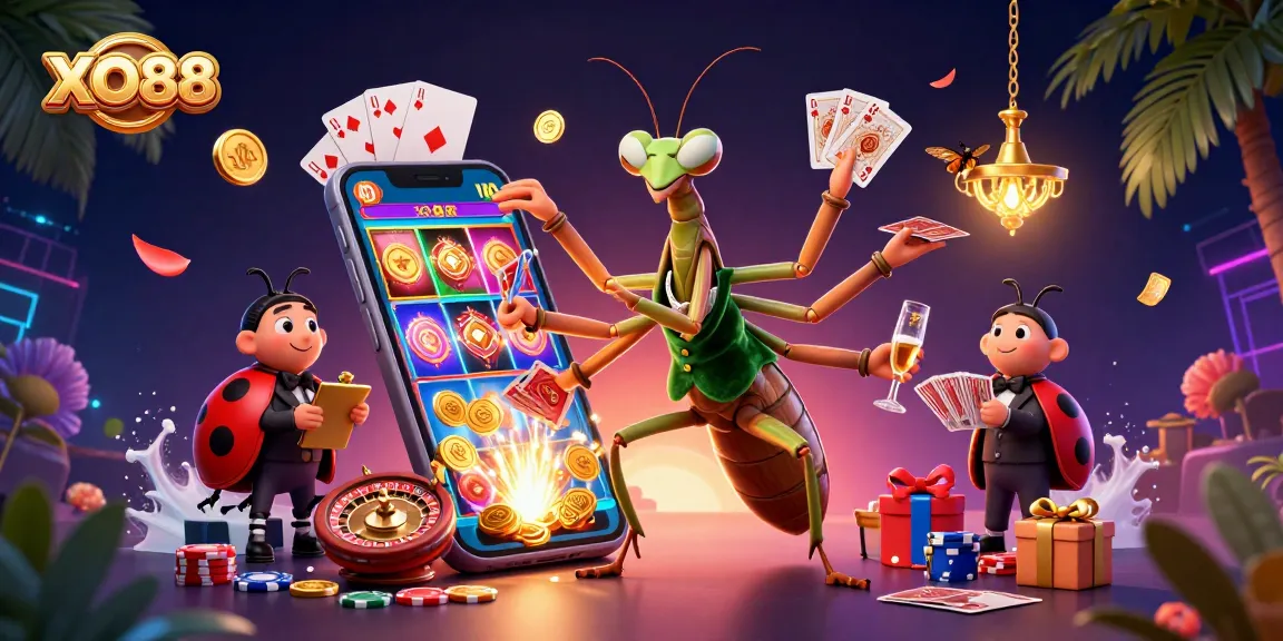 XO88 entertains players with vibrant slot games and energetic casino characters in a dynamic setting.