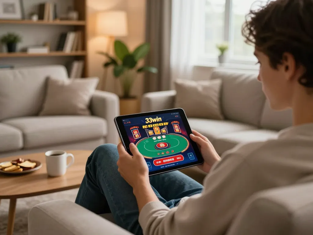 Player enjoying the 33win casino app on a tablet in a cozy living room.