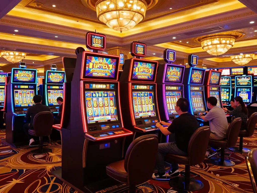 Players enjoying vibrant slot machines at qq88 gaming hub with engaging atmosphere