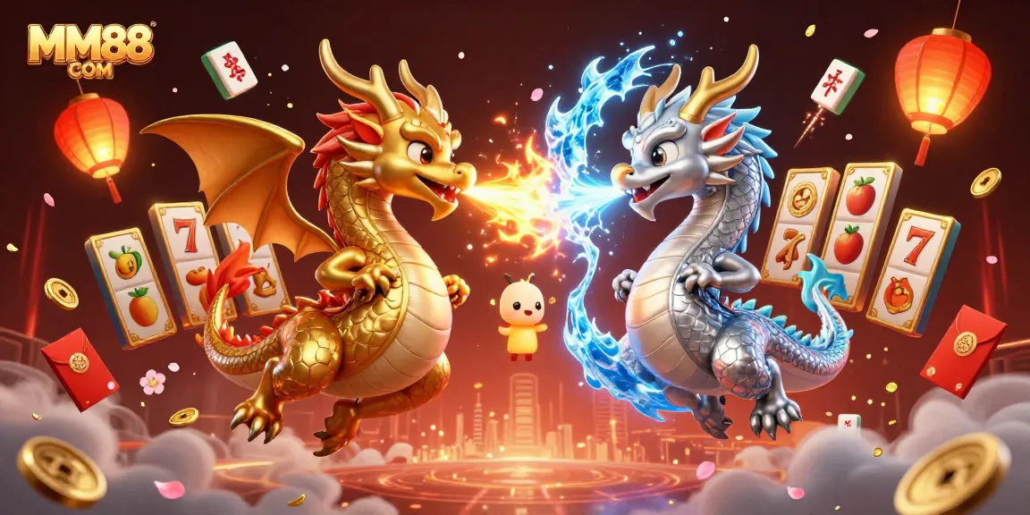 Engage with MM88 COM’s rich casino world, capturing a vibrant scene of dragons amidst thrilling slots and gold!