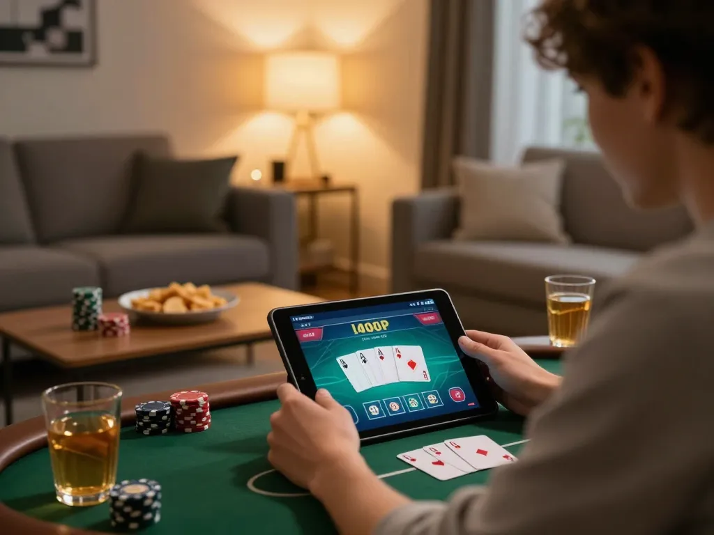 Engaging poker gameplay with sc88 displayed on tablet in cozy home setup, emphasizing online gambling excitement.