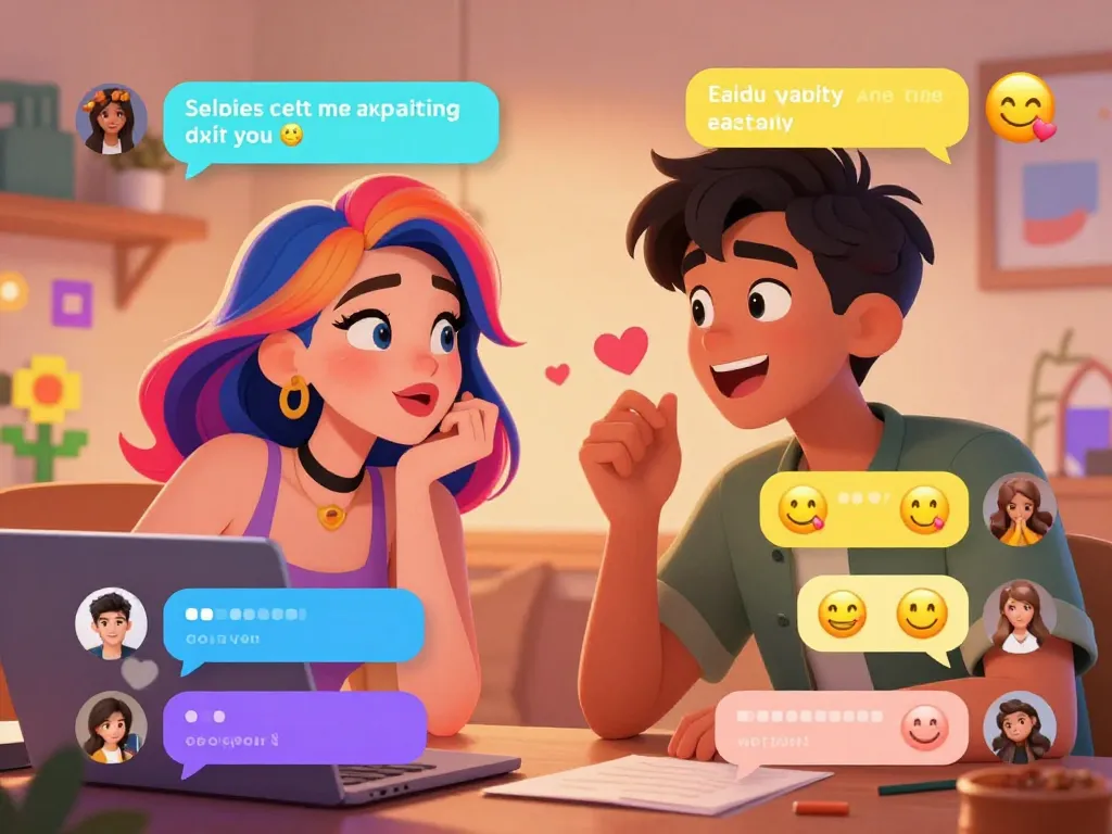 Engaging ai porn chat with animated avatars in a cozy digital room.