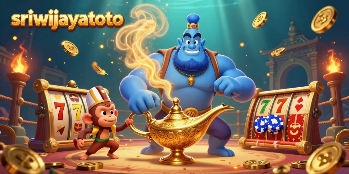 Sriwijayatoto brings luck and winnings with a vibrant 3D casino-themed illustration featuring a genie, poker chips, and dynamic game elements.
