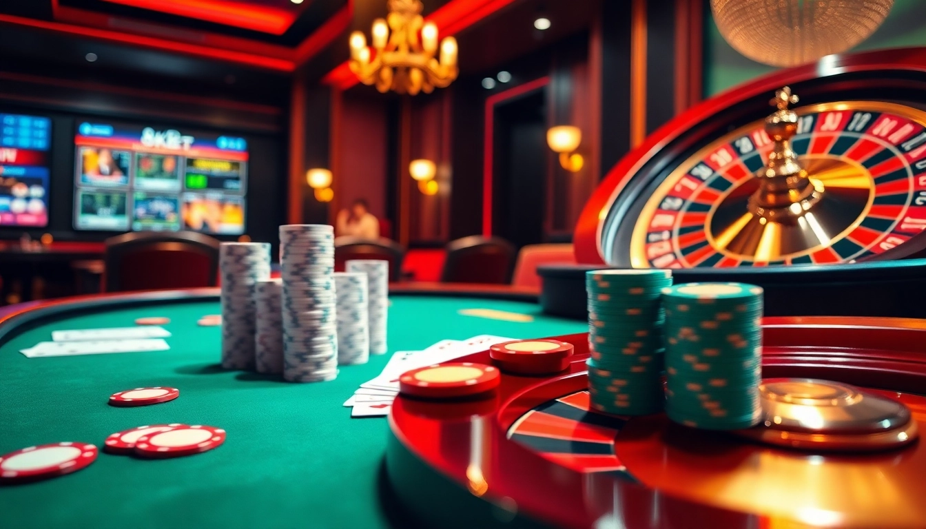 Experience the excitement of Game bài 8KBET with a vibrant casino scene showcasing poker tables and roulette.