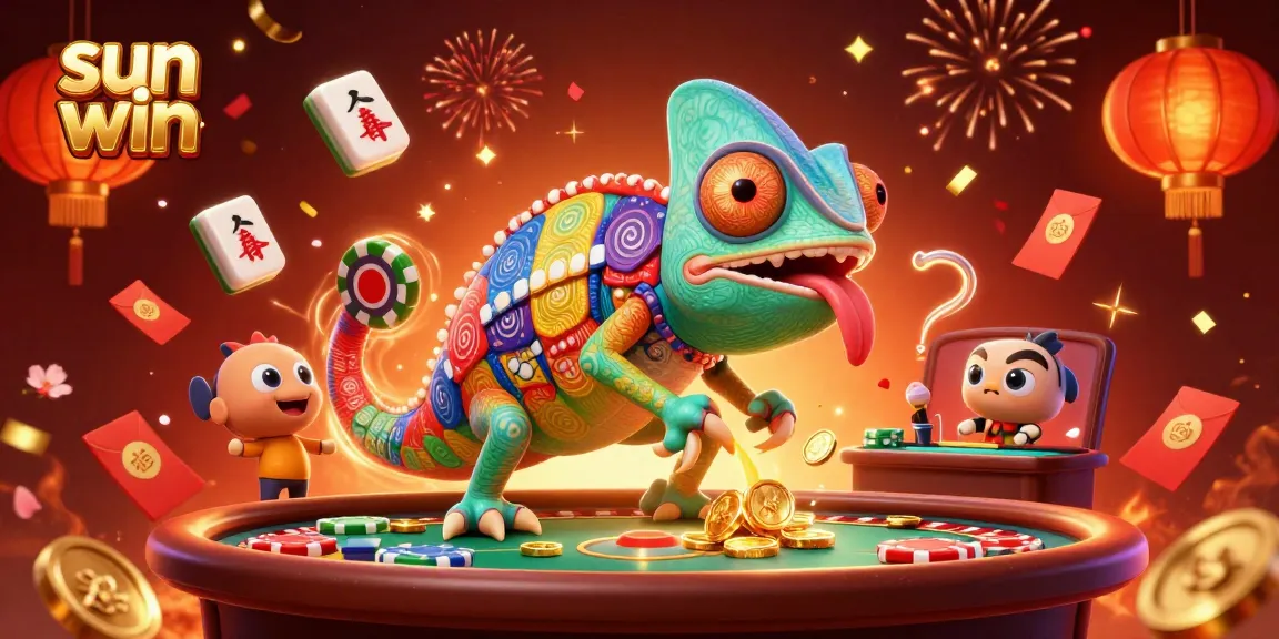 Experience the excitement of sun win as the vibrant chameleon casino owner captures golden coins amidst a lively celebration.