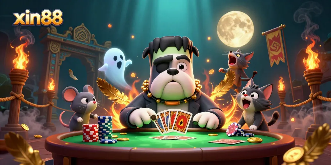 Engage in thrilling card games at xin88 with a spooky 3D cartoon scene featuring unique characters and vibrant casino elements.