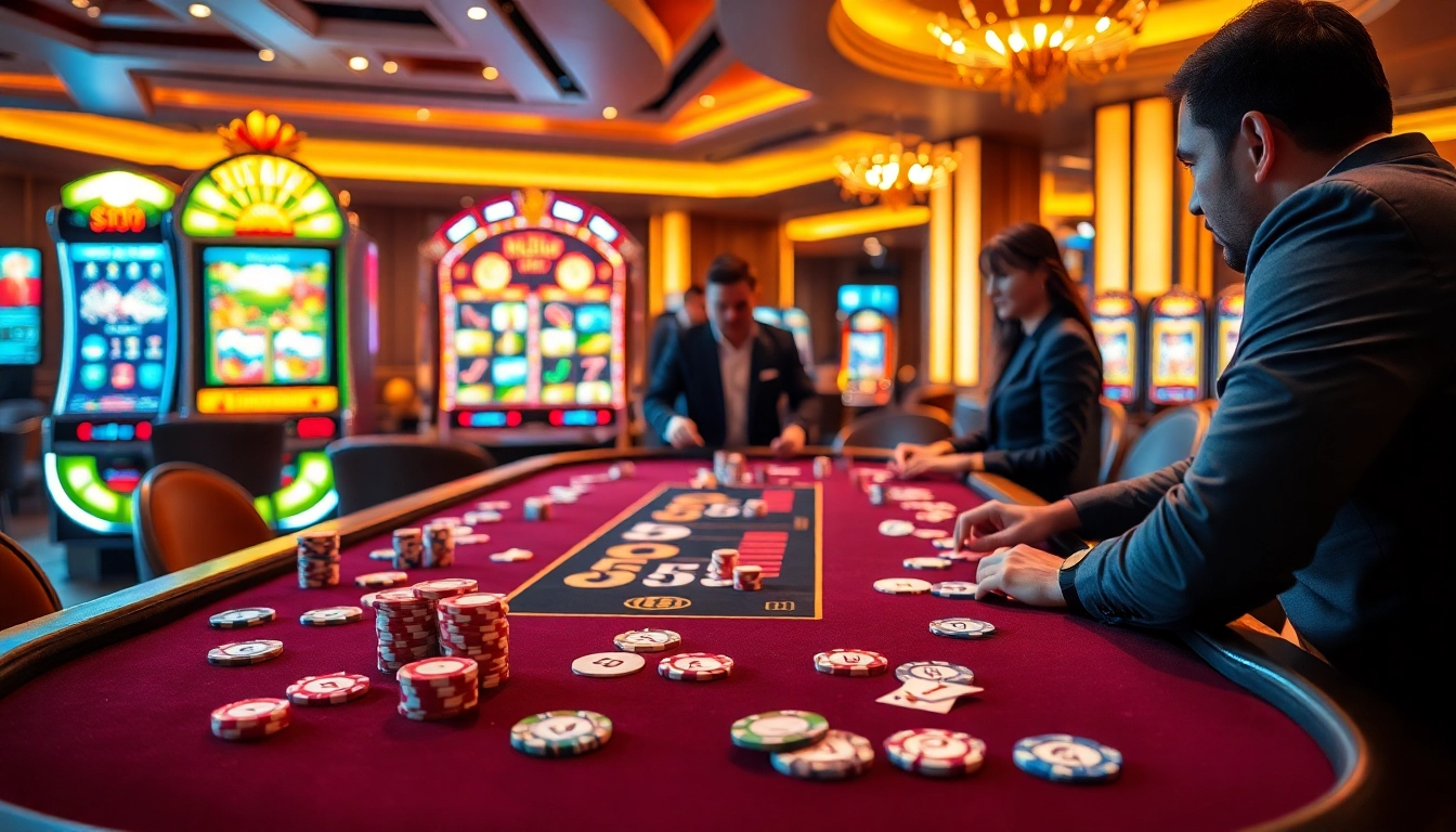 Players engaging in a thrilling game at the BL555 casino table with vibrant poker chips.