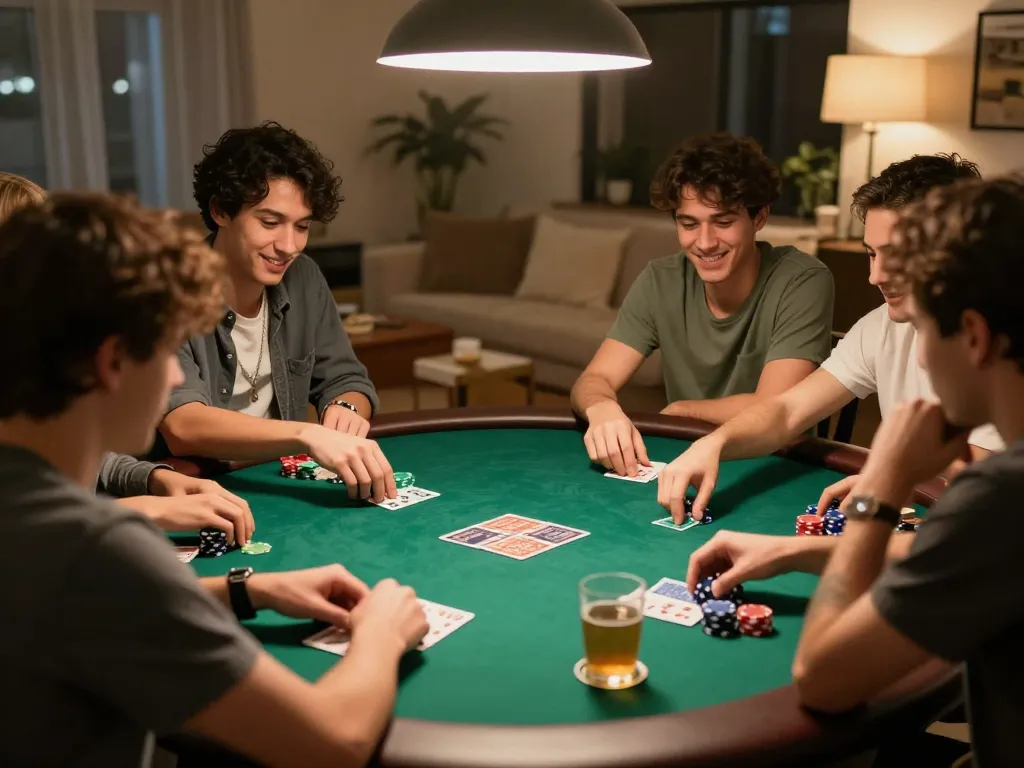 Friends play poker at home, showcasing strategic decision-making and camaraderie in a friendly atmosphere with debet related discussions.