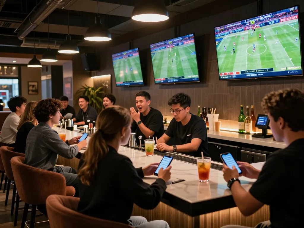 Fans at Bongdallu sports betting environment, excitedly placing bets while watching live matches