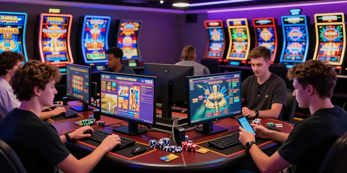 Casual players enjoying vibrant online casino gaming at https://jumpspace.org.uk with credit cards and colorful slot games.