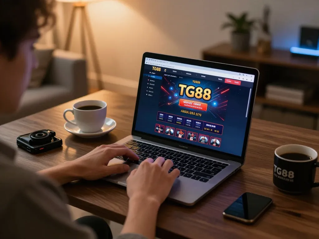 Player engaging with the TG88 online casino interface on a laptop in a cozy home setting.